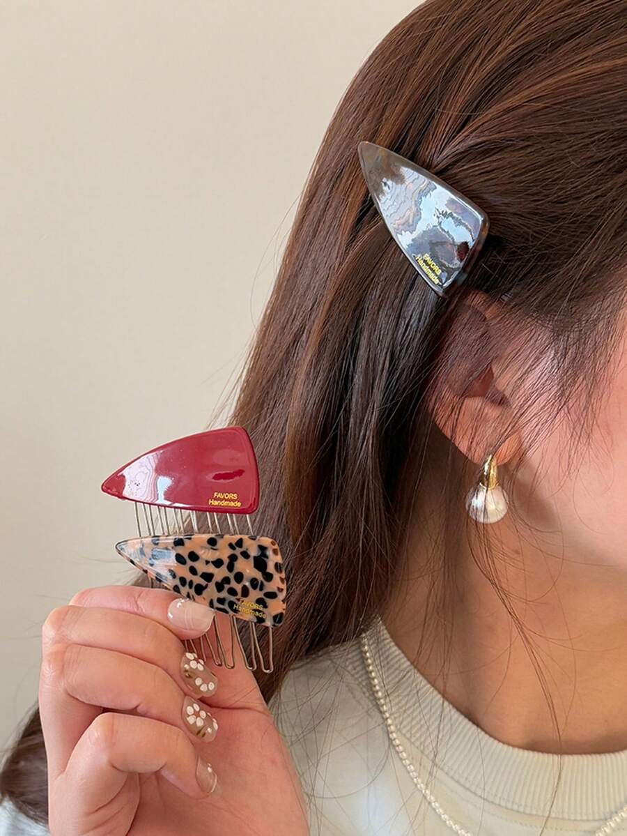 Retro Baddie Style Acetate Triangle Comb, Hair Clip Bangs & Flyaway Hair Styling Tool, Sweet & Cool Vibe Hair Accessory - Multicolor - View 1