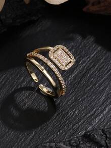 1枚复古优雅双层方形立方氧化锆戒指，适合日常通勤和约会佩戴 - 方形 - 查看 4