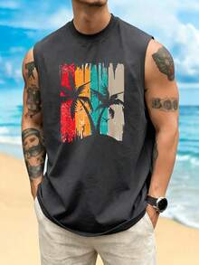 Tank Top Leher Bulat Gaya Liburan Kasual Pria Pesisir dengan Motif Elemen Pantai, Cocok untuk Pakaian Musim Panas, Nyaman & Bernapas, Tren Fesyen Terdepan - Dark Grey - View 4