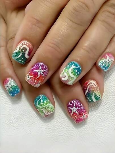 24pcs European Square Short Fake Nails, Ombre Glitter With Beach, Starfish And Wave Pattern, Wearable And Removable Full Coverage Nails, Suitable For Party, Ball And Daily Wear