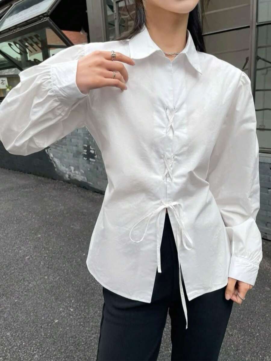 This Women's Casual Shirt Features An Adjustable Drawstring Design At The Bust, Making It Very White - White - View 1