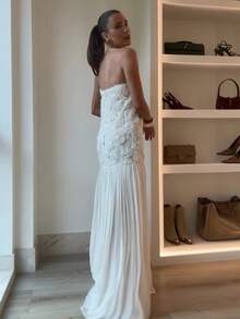 Women's Elegant White Flared A-Line Midi Dress With 3D Rose Details, Strapless Sleeveless Party Dress, Perfect For Special Occasions - 白色 - 查看 7