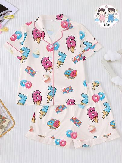 Tween Girl "67" Ice Cream Print 2 Pieces Pajama Set, New Turndown Collar Short Sleeve Shirt And Elastic Waist Shorts Casual Loungewear Set, Featuring Cute "67" Digit, Ice Cream, Donut And Cake Patterns, Suitable For Children's Daily Outfits, Party And Holiday, Machine Washable