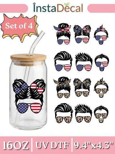 4pcs/Set 16oz Glass Cup Wrap UV DTF Transfer (9.4x4.3in), Messy Bun Mom & Boy Dad Family Set, Patriotic USA Flag Leopard Camo Decals, No Heat Needed Waterproof Rub On DIY Gift