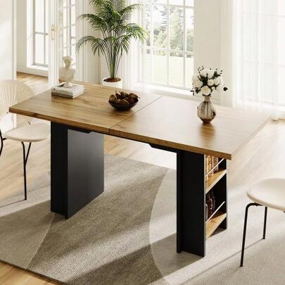 Telescopic Dining Table (120-160*80cm), Table With Shelves, Kitchen Table, Extendable Table, Extendable To 120-160cm Using Internal Extension Leaves, For Kitchen And Living Room, Wood Color