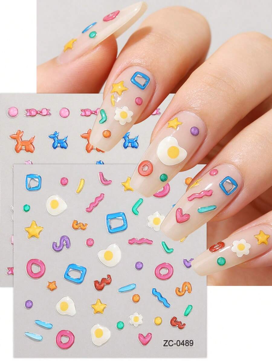 2片彩色卡通浮雕美甲贴纸，春夏俏皮可爱海洋风美甲贴花，易于使用，适合女性在家DIY美甲。 - 彩色 - 查看 1