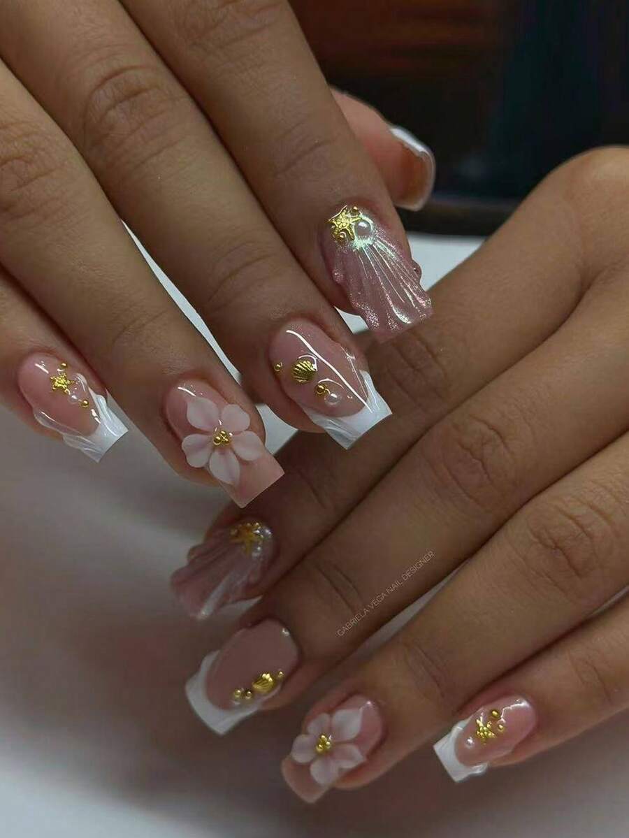 NAIO 24片/組 春夏短方型穿戴式美甲片，Y2K辣妹風花卉凝膠美甲，藍色漸層法式邊緣搭配3D花朵、金色與貝殼裝飾，可重複使用，適合派對與日常配戴，附工具組，送給女性的絕佳禮物 - 彩色 - 查看 1