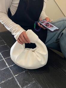 时尚复古褶皱云朵手提包，百搭休闲女士单肩包，新月形 - 白色 - 查看 6