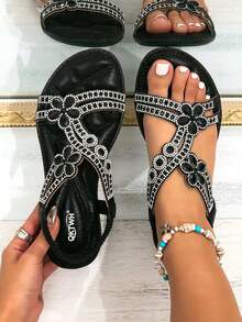Women's Rhinestone Flat Sandals, Bohemian Style Elastic Band Open Toe, Summer Beach Vacation Shoes - Black - View 16