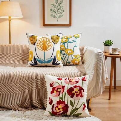 1pc Spring & Summer Floral Embroidery Decorative Pillow Cover, Countryside Home Decor, Fits Multiple Room Types, 17.7inch*17.7inch, Pillow Insert Not Included