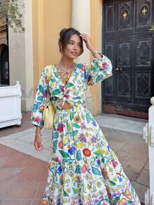 Đầm maxi dài kiểu boho họa tiết hoa dành cho nữ, cổ chữ V sâu, gấu váy xòe nhún bèo, tay dài đến cổ tay, kiểu dáng thanh lịch ôm sát và xòe nhẹ. - Nhiều màu - Xem 1