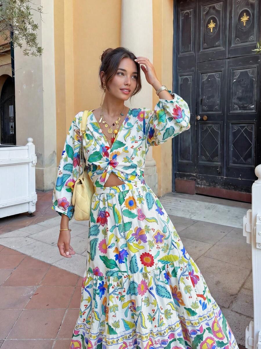 Đầm maxi dài kiểu boho họa tiết hoa dành cho nữ, cổ chữ V sâu, gấu váy xòe nhún bèo, tay dài đến cổ tay, kiểu dáng thanh lịch ôm sát và xòe nhẹ. - Nhiều màu - Xem 1