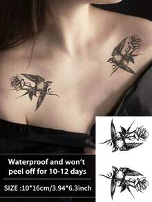 1Pc Tattoo Fake Temporary Tattoos Y2K Swallow Rose Semi Permanent Tattoo Waterproof Sweatproof Last For 1-2 Weeks Realistic Herbal Juice Anti-Friction Non-Reflective Black For Woman And Men Tattoo Stickers For Arm, Chest, Leg, Abdomen, Waist, Finger - Black - View 8