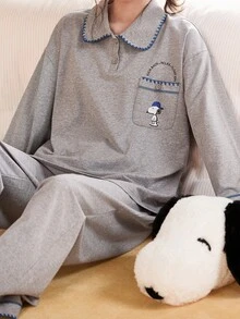 SNOOPY 两件套史努比女士长袖睡衣套装，舒适柔软上衣搭配松紧腰长裤，浅灰色家居服，带口袋 - 淺灰色 - 查看 5