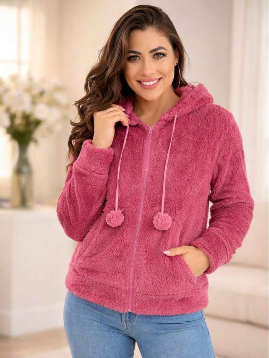 Women's Fleece Sweatshirt With Hood - Burgundy - View 1