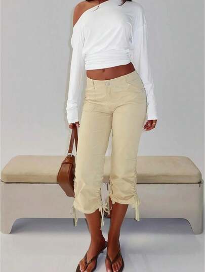 Women Y2k Skinny Capri Pants Cute Bow Tie Capri Leggings Slim Fitted Knee Length Stretchy Cropped Trousers