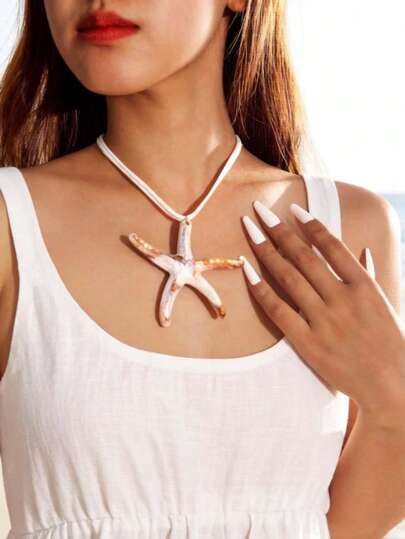 imoli 1pc Bohemian Ocean Style Vintage Polyester Braided Acrylic Starfish Pendant Necklace, Suitable As Jewelry Gift For Women On Beach Vacation