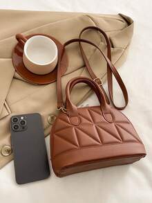 Bolso de mujer de moda de verano con patrón de rombos, bolso de hombro minimalista cruzado, bolso de textura de concha - Marrón - Ver 9