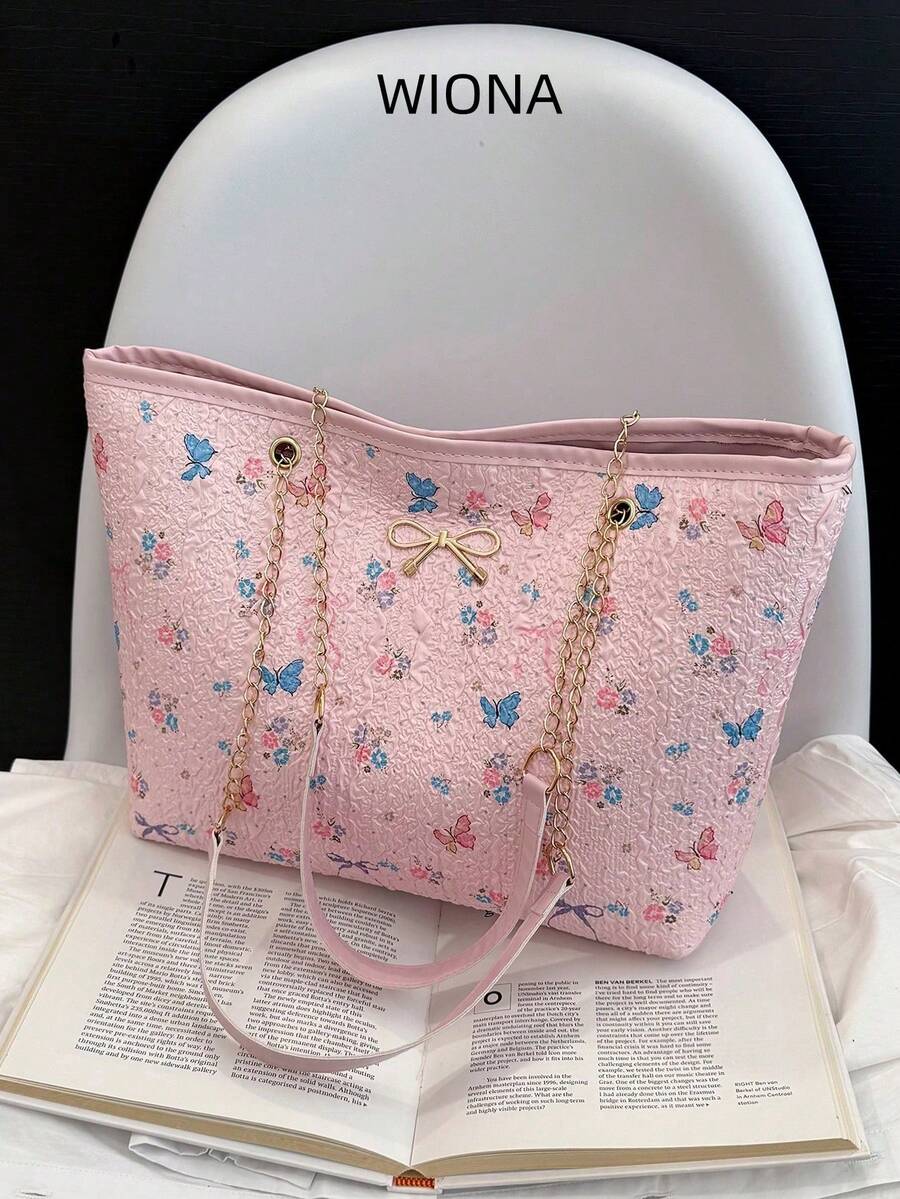 2025 New Casual Large Capacity Diamond Pattern Solid Color Bow Tote Bag, Minimalist Fashion Handbag - Pink - View 1
