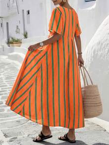Plus Size Casual Loose Vacation Elegant Women's Long Dress With Dual Pockets And Colorblock Striped A-Line Design, Suitable For Daily And Holiday Wear, Spring/Summer - Orange - View 5