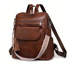 High-Quality PU Leather Backpack With Two Shoulder Straps, Large Capacity, Retro Style, Tassel Pendant, Multiple Pockets And Compartments. New Style Women's Backpack, Large Capacity, Retro Design, Versatile Shoulder/Crossbody Bag, Casual Women's Backpack. - Cà phê nâu - Xem 1