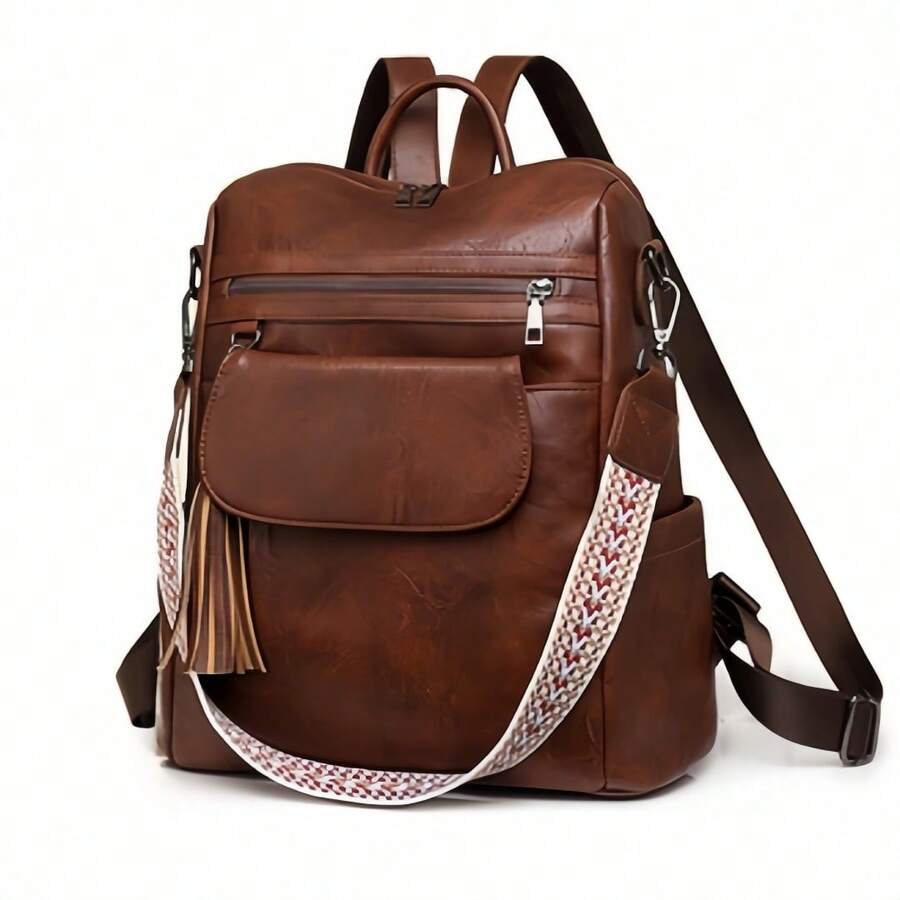 High-Quality PU Leather Backpack With Two Shoulder Straps, Large Capacity, Retro Style, Tassel Pendant, Multiple Pockets And Compartments. New Style Women's Backpack, Large Capacity, Retro Design, Versatile Shoulder/Crossbody Bag, Casual Women's Backpack. - Cà phê nâu - Xem 1