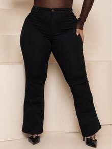 Women's Plus Size Flare Jeans With Lycra, High Waist, Shaping Effect, Jeans, Zipper, Button Closure, Everyday Wear. - 黑色 - 查看 7