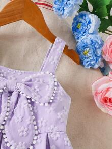 Young Girls' Spring/Summer Spaghetti Strap Floral Textured Pom Pom & Big Bow Decor Princess Dress - Purple - View 5