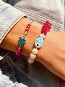 2pcs Evil Eye Fish Beaded Adjustable Bracelet Set, Natural Pearl & Turquoise Bead Charm Stackable Bracelet, Boho Beach Vacation Statement Jewelry Gift (Handmade Ceramic Fish, Ceramic Normal Cracks And Impurities Are Not Defects) - Multicolor - View 1