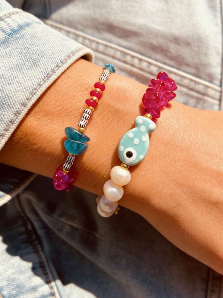2pcs Evil Eye Fish Beaded Adjustable Bracelet Set, Natural Pearl & Turquoise Bead Charm Stackable Bracelet, Boho Beach Vacation Statement Jewelry Gift (Handmade Ceramic Fish, Ceramic Normal Cracks And Impurities Are Not Defects) - Multicolor - View 1