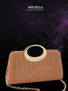 Noctella 新款时尚编织方形手提包，耀眼奢华的夏季晚宴派对包，搭配3件闪亮水钻首饰套装，包括吊坠项链、耳环和手链，非常适合夏季晚宴、夏季聚会、度假、野餐和海滩。 - 棕色 - 查看 11