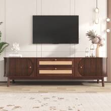 TV Stand - Natural Wood TV Stand With Doors And Drawers. TV Stand With Rattan Sides. Natural Rustic Style Storage Solution. - Brown - View 1