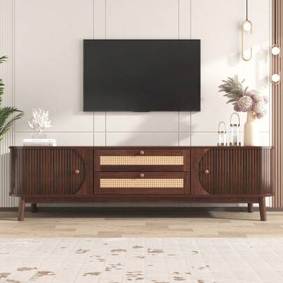 TV Stand - Natural Wood TV Stand With Doors And Drawers. TV Stand With Rattan Sides. Natural Rustic Style Storage Solution.