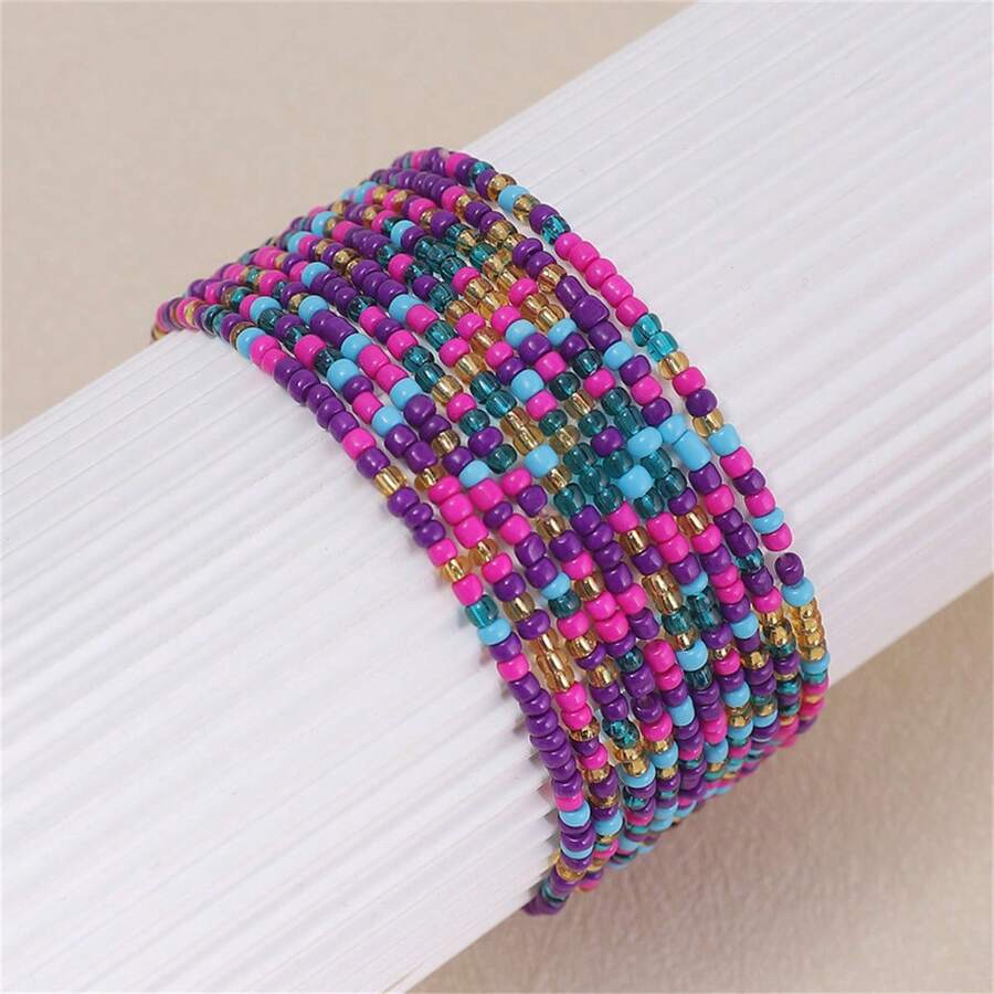 10pcs/Set Colorful Rice Bead & Faux Pearl Bracelets, Retro Elegant Bracelets For Women - Multicolor - View 1