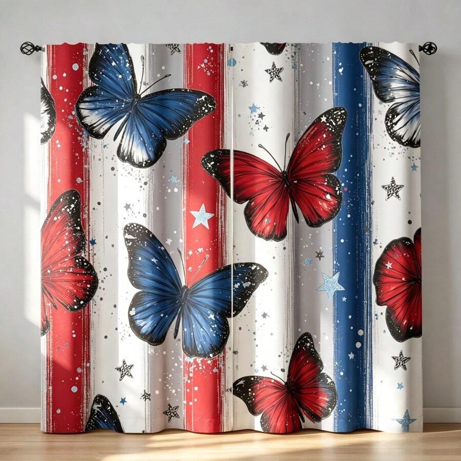 Bộ 2 rèm cửa chủ đề Ngày Độc lập, với họa tiết sọc đỏ và xanh dương, bướm và sao in phẳng 2D, phù hợp cho phòng khách và phòng ngủ. - Nhiều màu - Xem 1