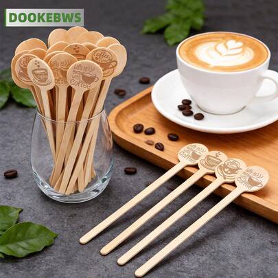 50 Laser-Engraved Wooden Coffee Stirrers, 15cm In Length, With Rounded Tips And Various Designs. Single-Use, And . An Ideal Valentine's Day Gift For Coffee Lovers, Suitable For Coffee Shops, Cocktail Parties, Bubble Tea Shops, And Home Kitchens.