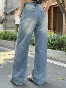 Quần jeans nữ cạp cao ống rộng, kiểu dáng vintage với túi và gấu quần rách, thiết kế xếp ly. - Màu xanh lam - Xem 2