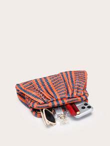 Women's Black & Colorful Striped Ruched Cloud Clutch Bag, Retro Style, Large Capacity, Fashion, Suitable For Outings And Parties - Multicolor - View 4