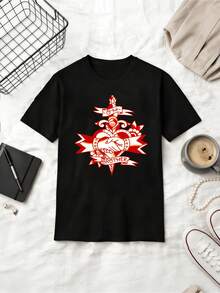 Vintage American Brother Heart Tattoo Graphic Unisex Cotton T-Shirt - Black - View 1