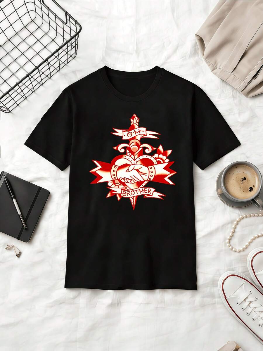 Vintage American Brother Heart Tattoo Graphic Unisex Cotton T-Shirt - Black - View 1