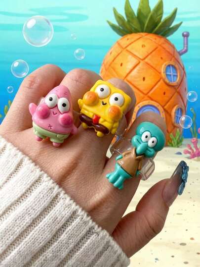 SpongeBob SquarePants 主题系列戒指，内径 17-18 毫米。角色包括派大星、章鱼哥、蟹老板、珊迪和小蜗。可爱的卡通系列派对戒指，亚克力材质，趣味派对礼物，色彩缤纷的设计。