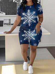 Summer Outfits For Women 2026 Summer New Styles Winter Snowflake Pattern Women's Plus Size Short Sleeve T-Shirt Set Two Piece Set Elegant Holiday Design Perfect For Christmas Celebrations And Winter Events Ideal Gift For Loved Ones - 白色 - 查看 1