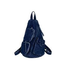 1 pieza Bolso de mano/bandolera/mochila de material de mezclilla con diseño de bolsillo con cordón, estilo vintage de carga, cierre con cremallera, de varios colores lavados - Multicolor - Ver 13