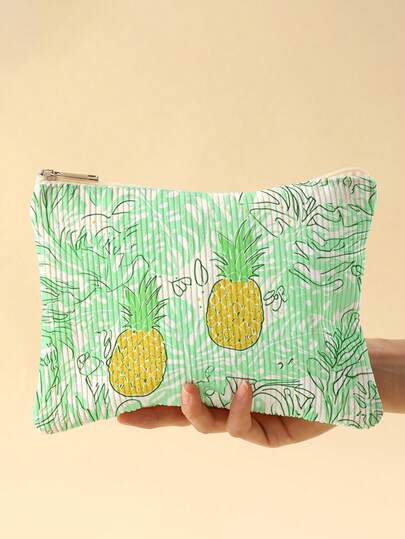 This Is A Large-Capacity Corduroy Cosmetic Bag With A Double-Sided Printed Design Featuring A [Fruit Patterns]. It's Lightweight With A Zipper And Is A Multi-Functional Cosmetic Organizer That Can Hold Skincare Products, Toiletries, And Stationery. It Functions As A Makeup Bag, Toiletry Bag, And Pencil Case, Making It Ideal For Women's Daily Needs While Traveling, Going To School