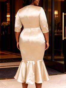 Plus Size Women's Elegant Champagne Mermaid Dress With Ruffle Rhinestone & Faux Pearl Waist Decor, Suitable For Cocktail Party, Wedding Spring - Champagne - View 3