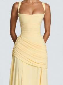 Elegantes langes Damenkleid, Spaghetti-Träger Falten-Taille A-Linie Maxikleid, Partykleid, elegante Herbst-Formalbekleidung - Hellgelb - Übersicht 6