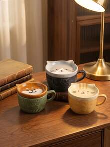 卡通柴犬和猫陶瓷马克杯套装，1套（350ML），可爱压花家用咖啡/早餐牛奶杯带盖，可微波炉加热，创意零食盘，生日礼物返校 - 多色 - 查看 4