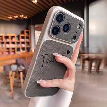 Personalized Heart-Shaped Name Luxury PU Leather Litchi Texture Phone Case For IPhone 17 16 15 Pro Max, 3D Embossed Laser Engraved Letter Anti-Drop Protective Cover, Gift - Khaki - View 5