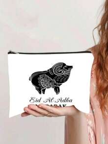 Túi đựng mỹ phẩm in hình cừu mừng lễ Eid Al-Adha Mubarak, túi xách tay có khóa kéo tiện dụng theo chủ đề thư pháp Ả Rập cho lễ hội Hồi giáo. - Xem 5