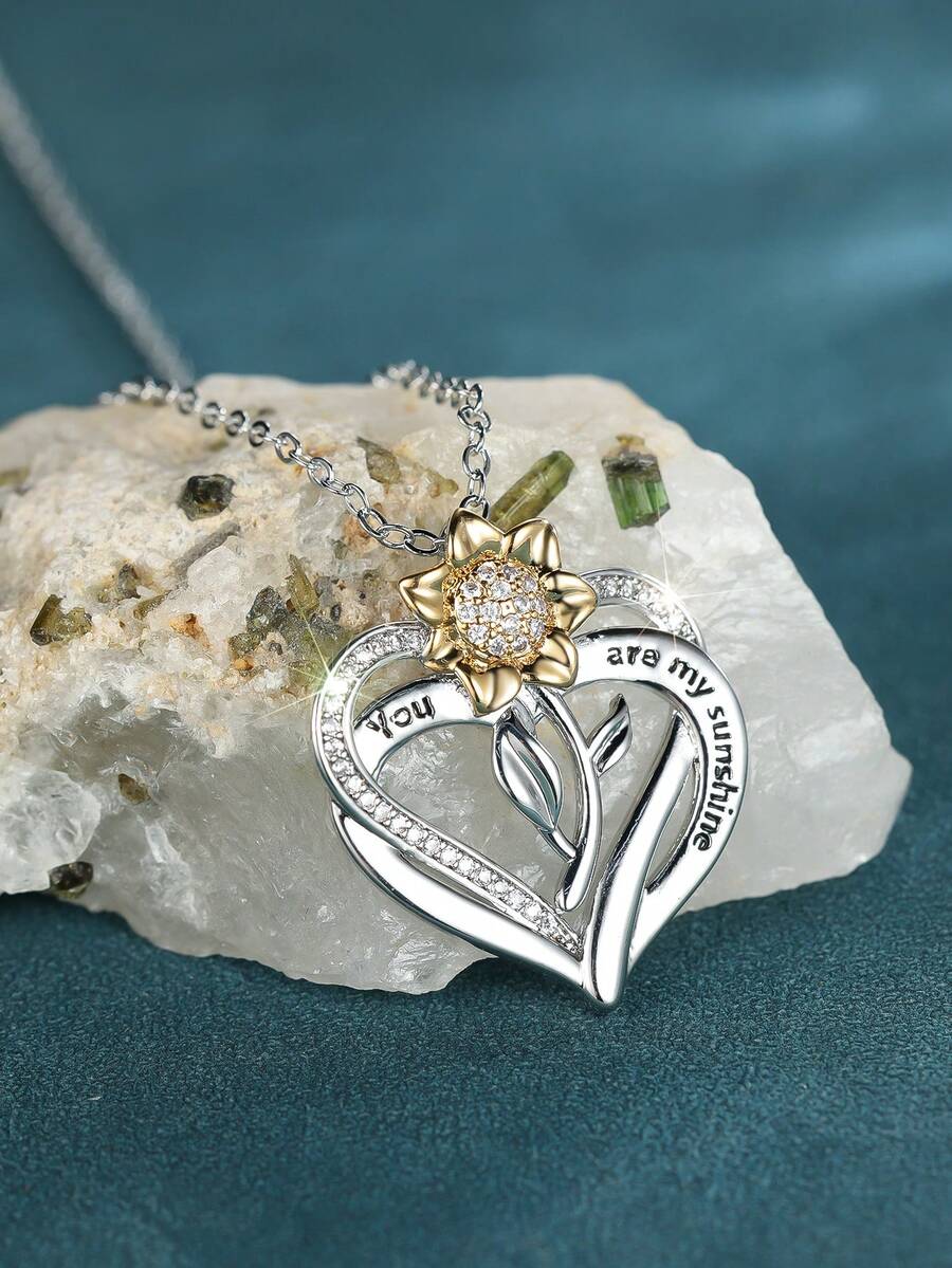 女士向日葵心形项链，镌刻“你是我的阳光”双色锆石吊坠，精致银色和镀金首饰，生日母亲节礼物 - 香檳金色 - 查看 1